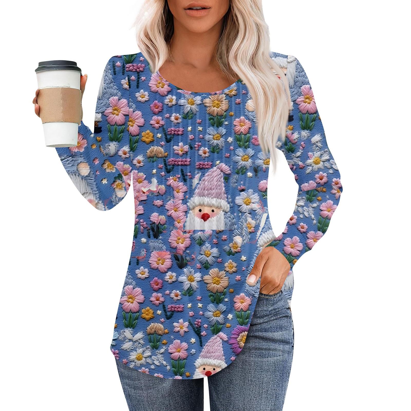 

Женская модная повседневная плиссированная футболка с круглым вырезом и рождественским принтом с длинными рукавами XXL фиолетовый