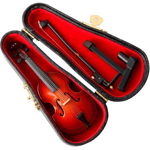 Wooden Miniature Double Bass with Stand, Bow and Case Mini Musical Instrument Contrabass Replica Collectible Figurines Upright Bass Model Home