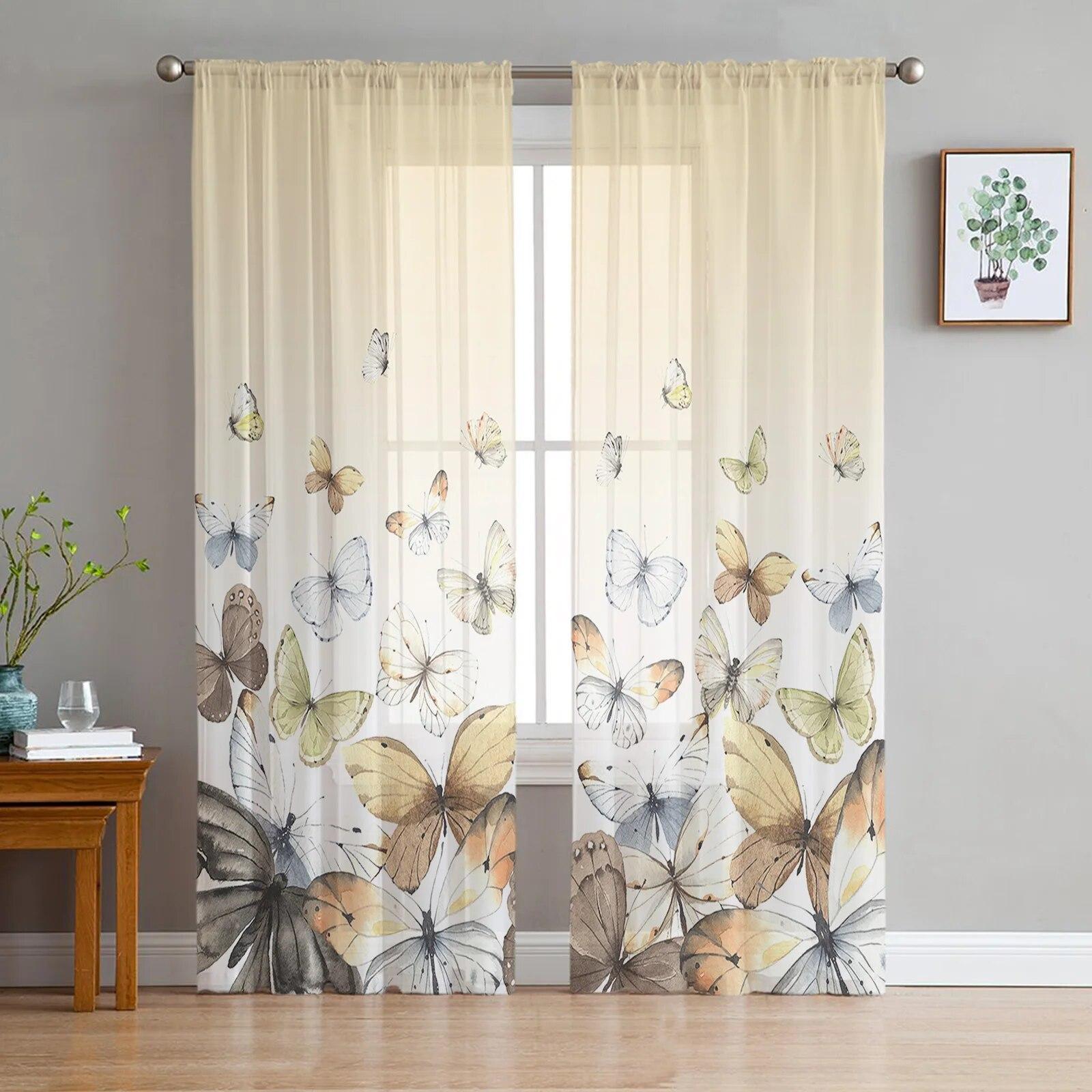 

Тюлевые шторы с весенним цветком и бабочкой для гостиной, спальни, отеля, роскошное украшение, прозрачное 135W x 114H(cm)