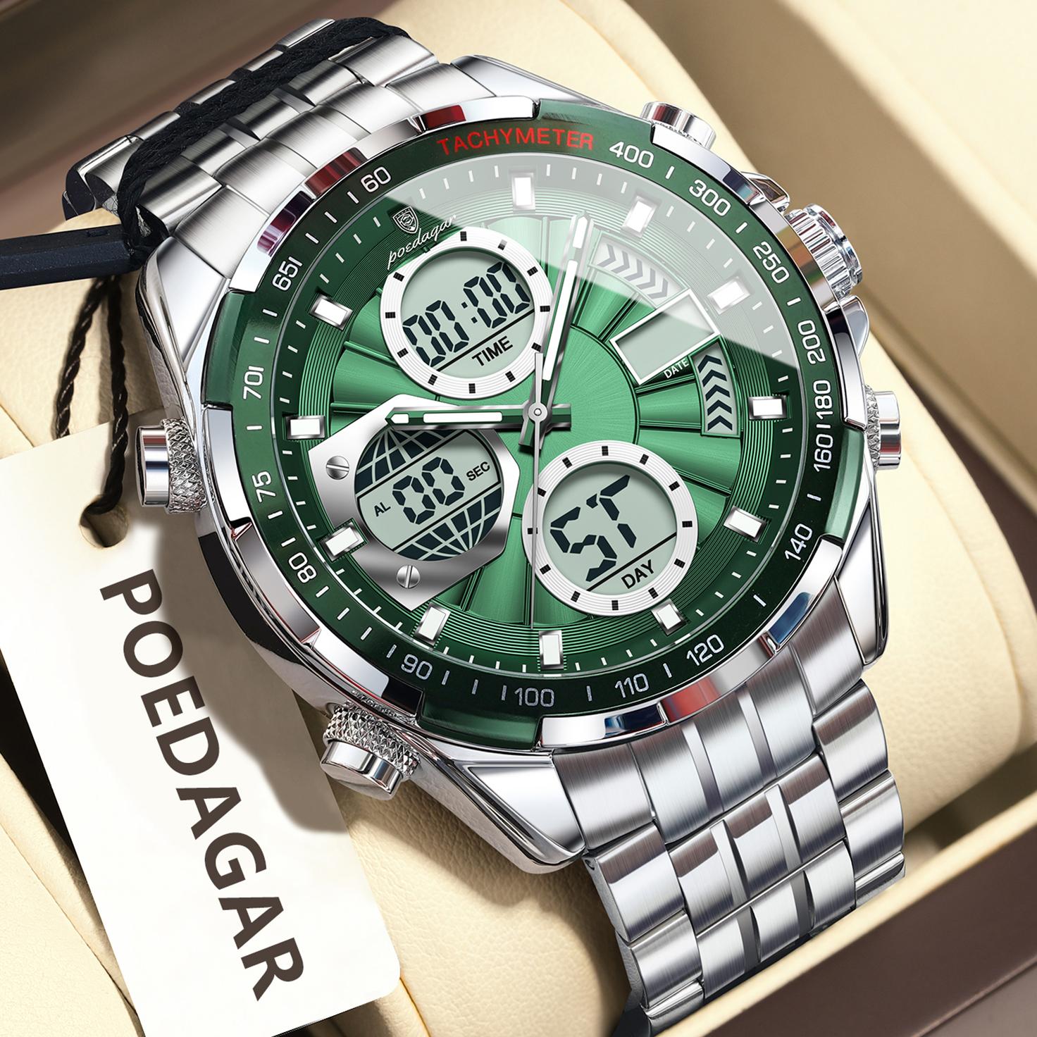 POEDAGAR Clock Waterproof Electronic LED Luxury Watches Dual Time Display Digital Stainless Steel Quartz Watch серебряный/зелёный