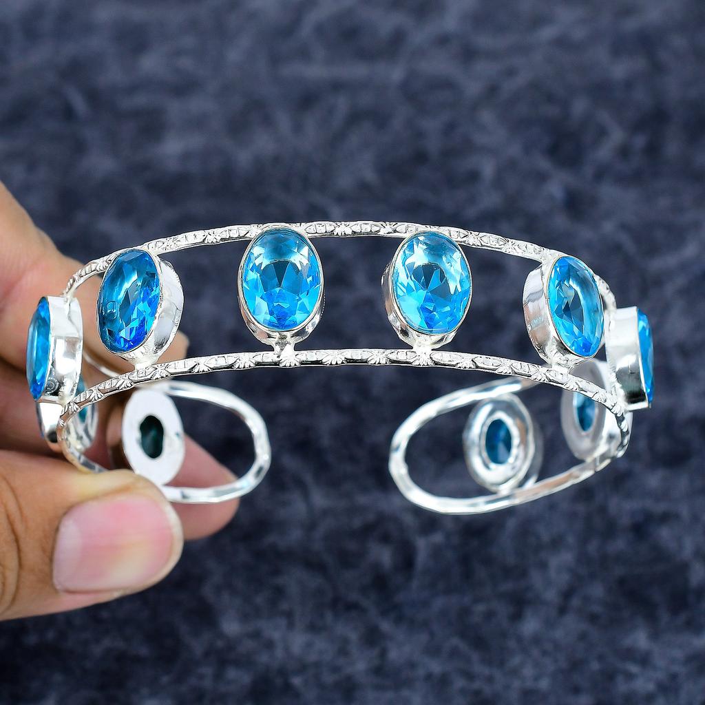 Blue Topaz Gemstone Handmade 925 Sterling Silver Cuff Bangle Adjustable M-3323