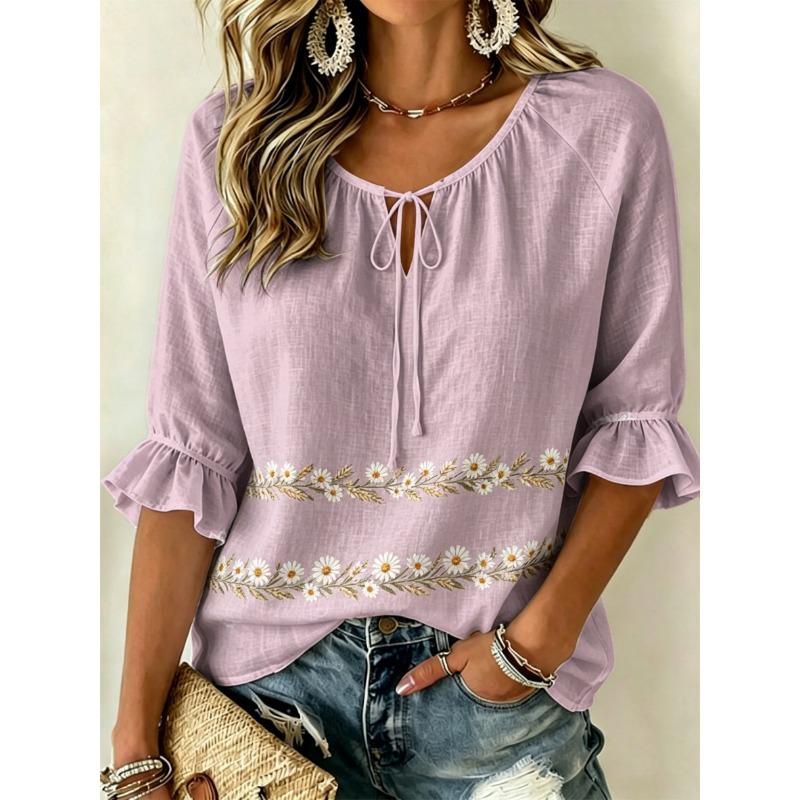 Women's Tie Split Neck Blouse, Light Purple White Seashell Border Print, Loose Fit for Spring Summer Daily Casual Outfits