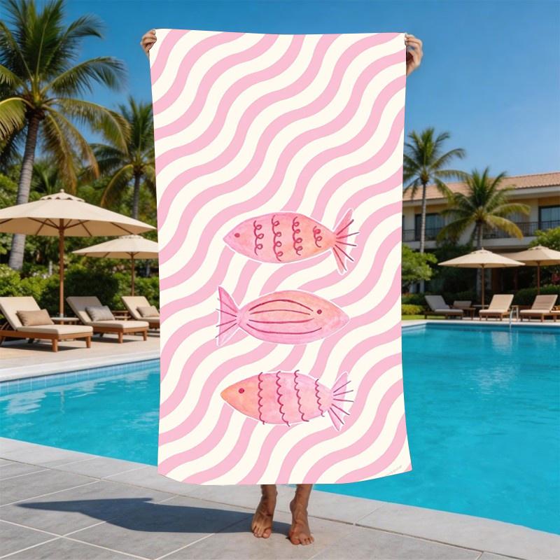 Cute Beachy Vibrant Lobster Microfiber Beach Towel Large Stripe Sand Free Pool Towel Quick Dry Lightweight Compact Travel Bag