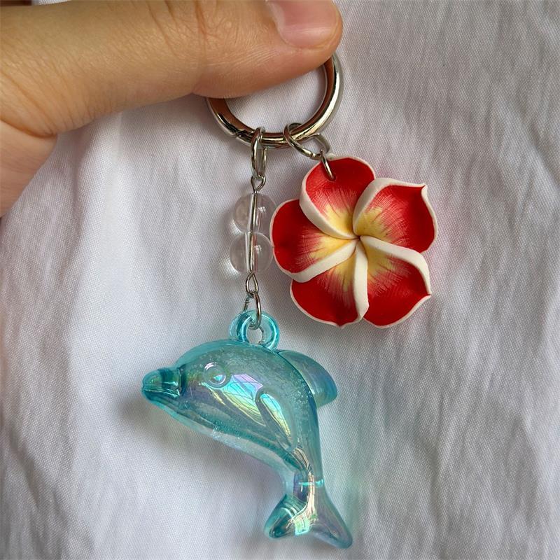 Cute Dolphin Plumeria Flower Keychain Pendant Seaside Holiday Style Phone Chain Girly Backpack Charm Bag Hanging Ornaments Gifts