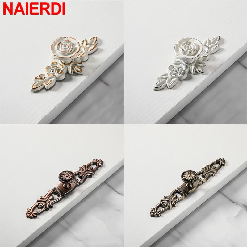 NAIERDI White Rose Flower Kitchen Cabinet Handles European Zinc Alloy Bronze Door Handles Drawer Knobs Furniture Hardware