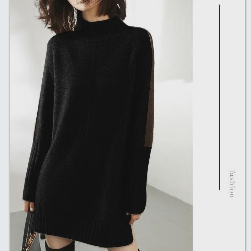 Women's Autumn Colorblock Half-Turtleneck Knitted Dress Sweater - Loose Mid-Length Style