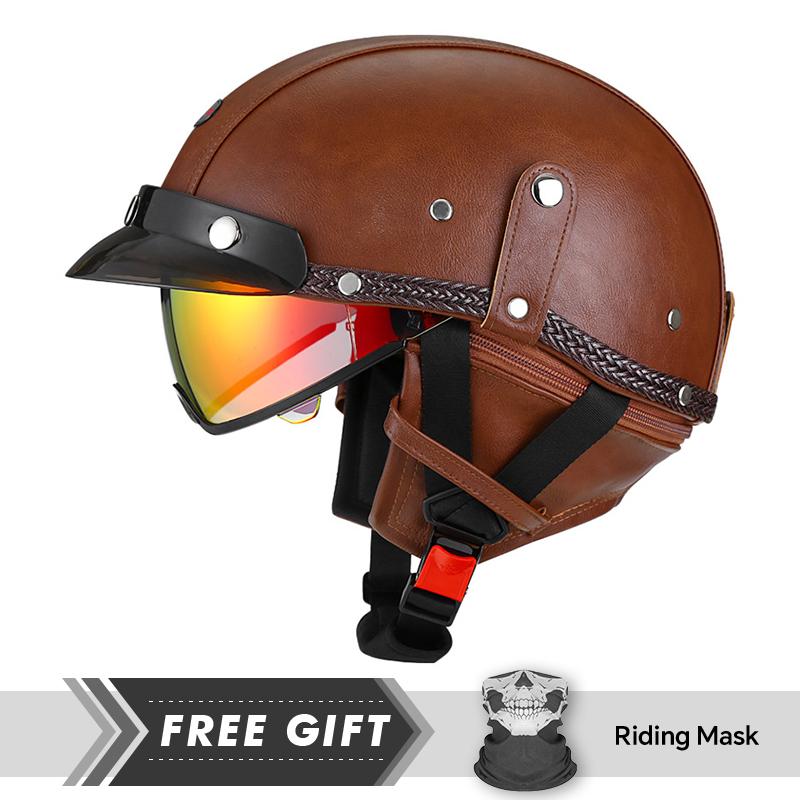 DOT Approved Retro Half Face Motorcycle Helmets Leather Vintage 1/2 Half Helmets Built In Lens Low Profile Open Face Helmets