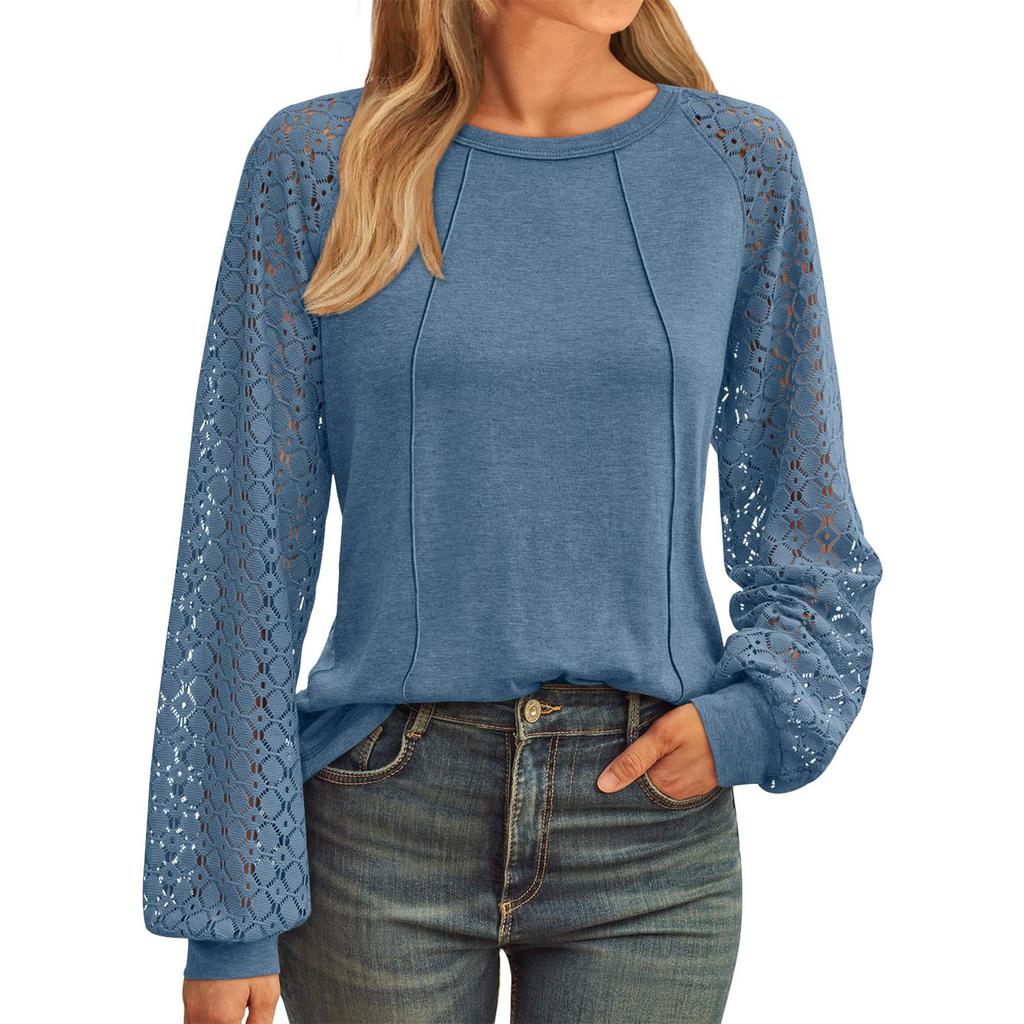 Women's Solid Color Lace Patchwork Round Neck Long Sleeved T-shirt Loose Top