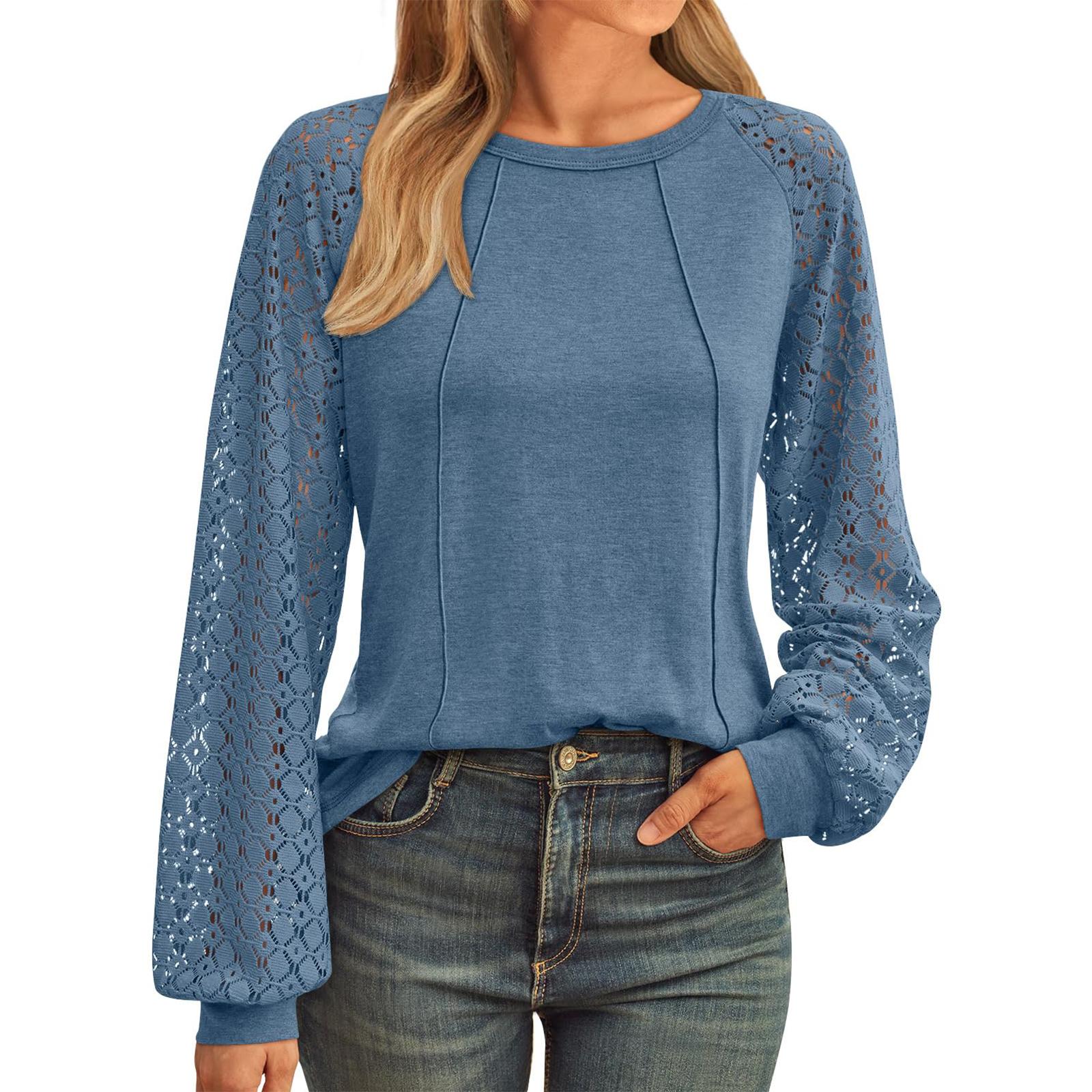 

Женская однотонная футболка с кружевной вставкой, круглым вырезом и длинными рукавами, свободный топ XXL