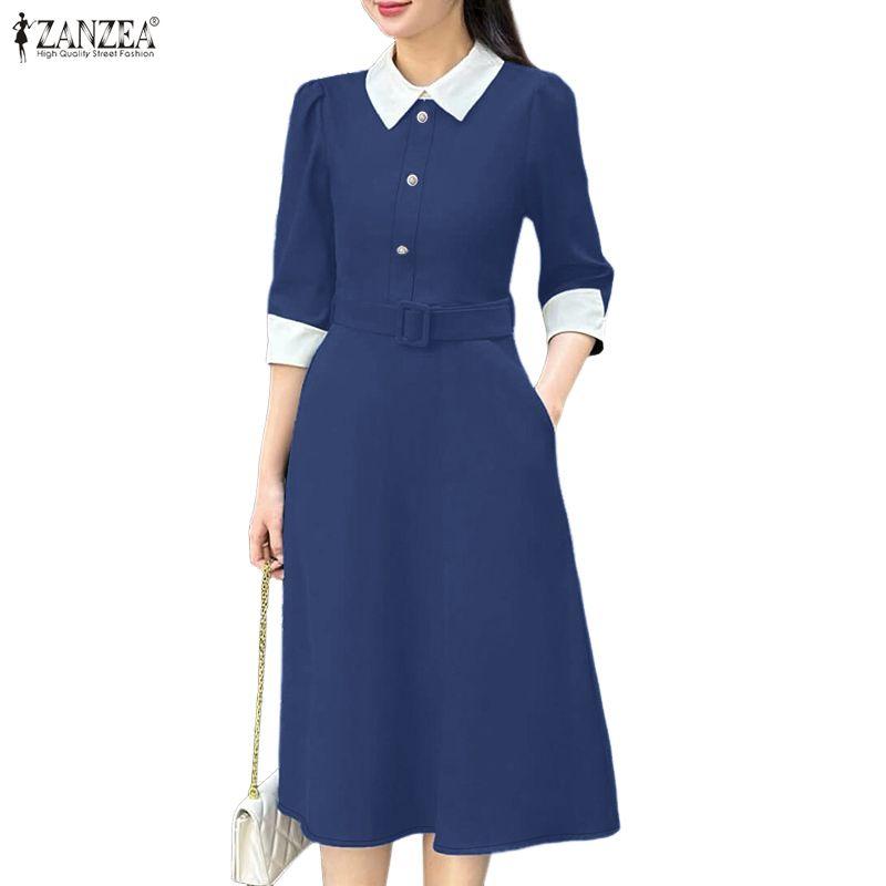 ZANZEA Women Splice Collar 3/4 Sleeve Casual Long Dress
