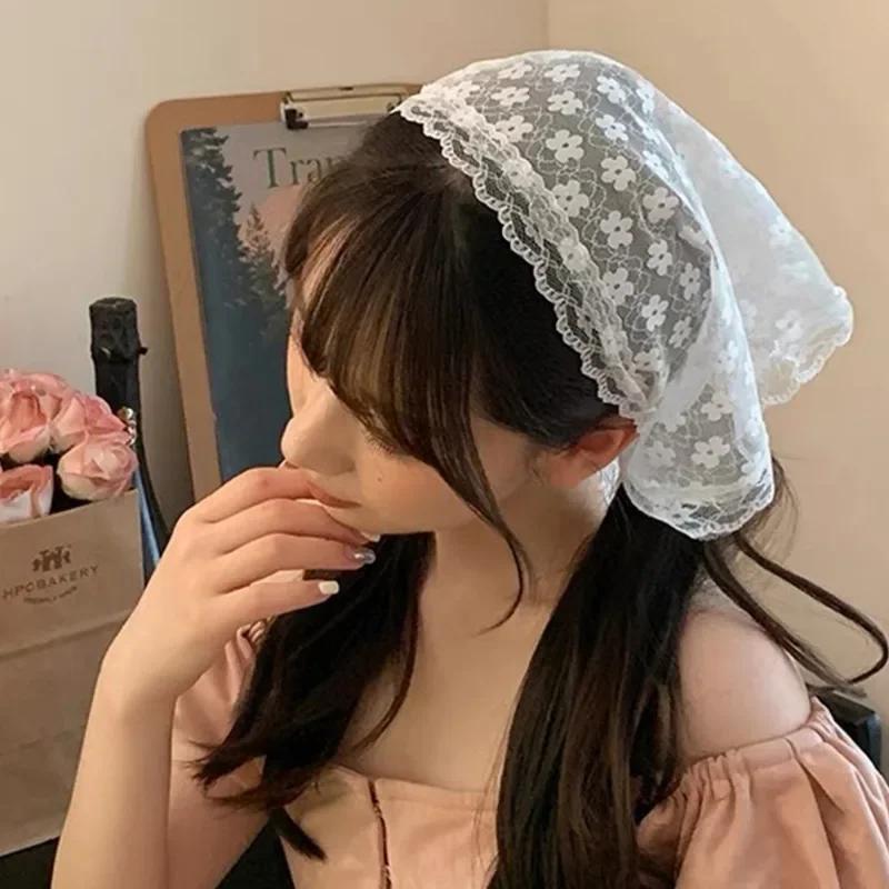 French Solid Color Lace Headscarf Spring and Summer Travel Versatile Sweet Cute Pastoral Style Triangular Hair Scarf for Women