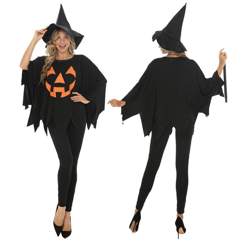 Halloween adult horror show costumes, jack-o-lantern witches, evil witches, star print dresses