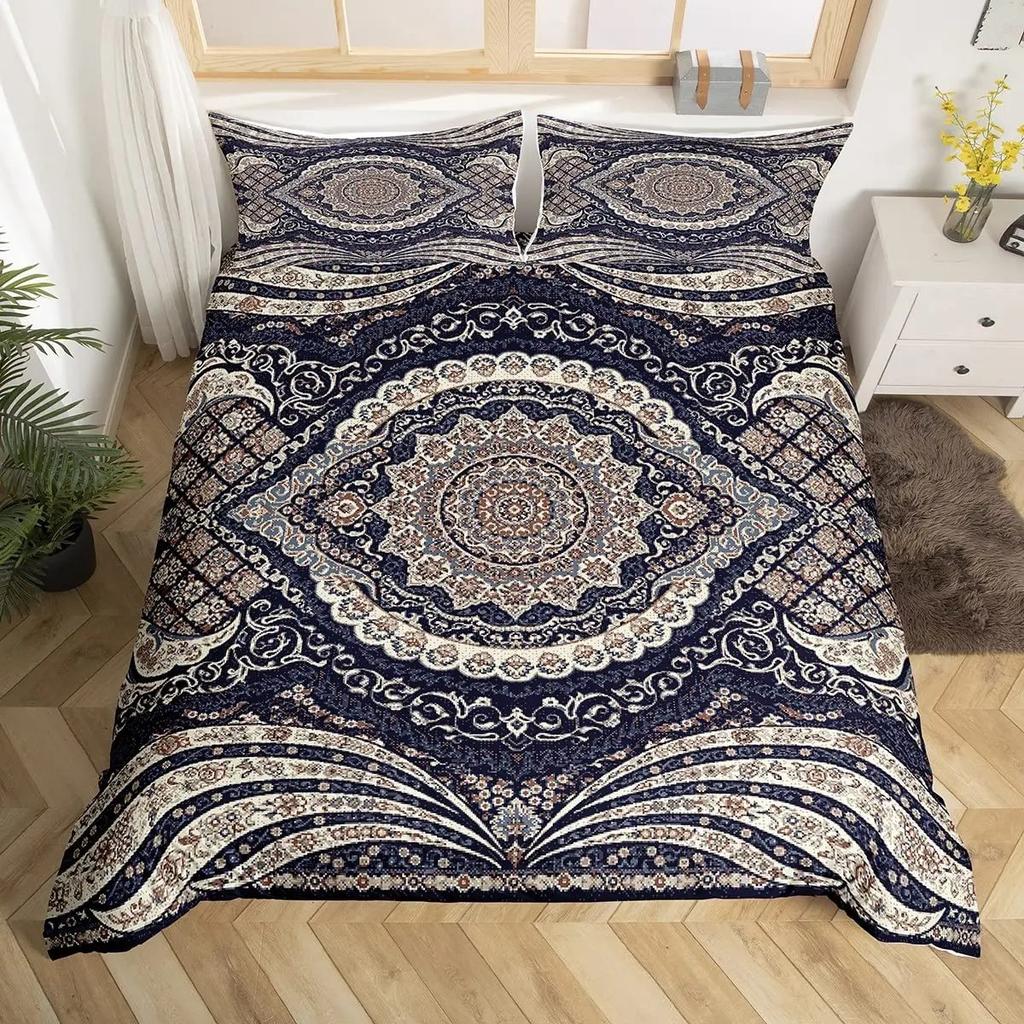 Tribal Floral Duvet Cover Set Bohemian Geometric Flowers Bedding Set Mysterious Indian Abstract Grid Quilt Cover Twin King Size