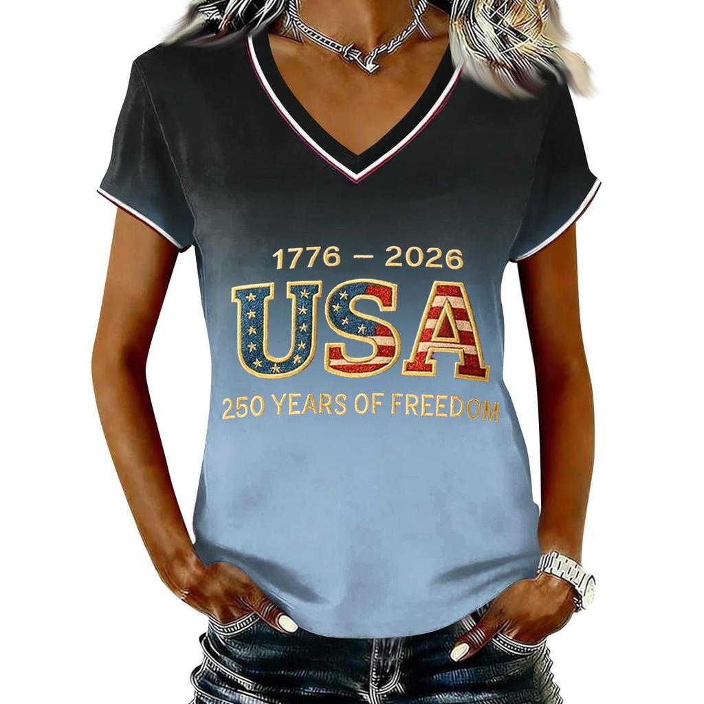 Women Casual V Neck Short Sleeve Pullover T Shirt Gradient Print USA Independence Day Graphic Top