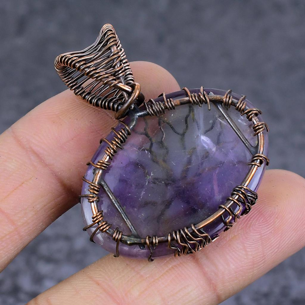 Natural Sage Amethyst Gemstone Copper Wire Wrap Jewelry Pendant 1.77" L1L73