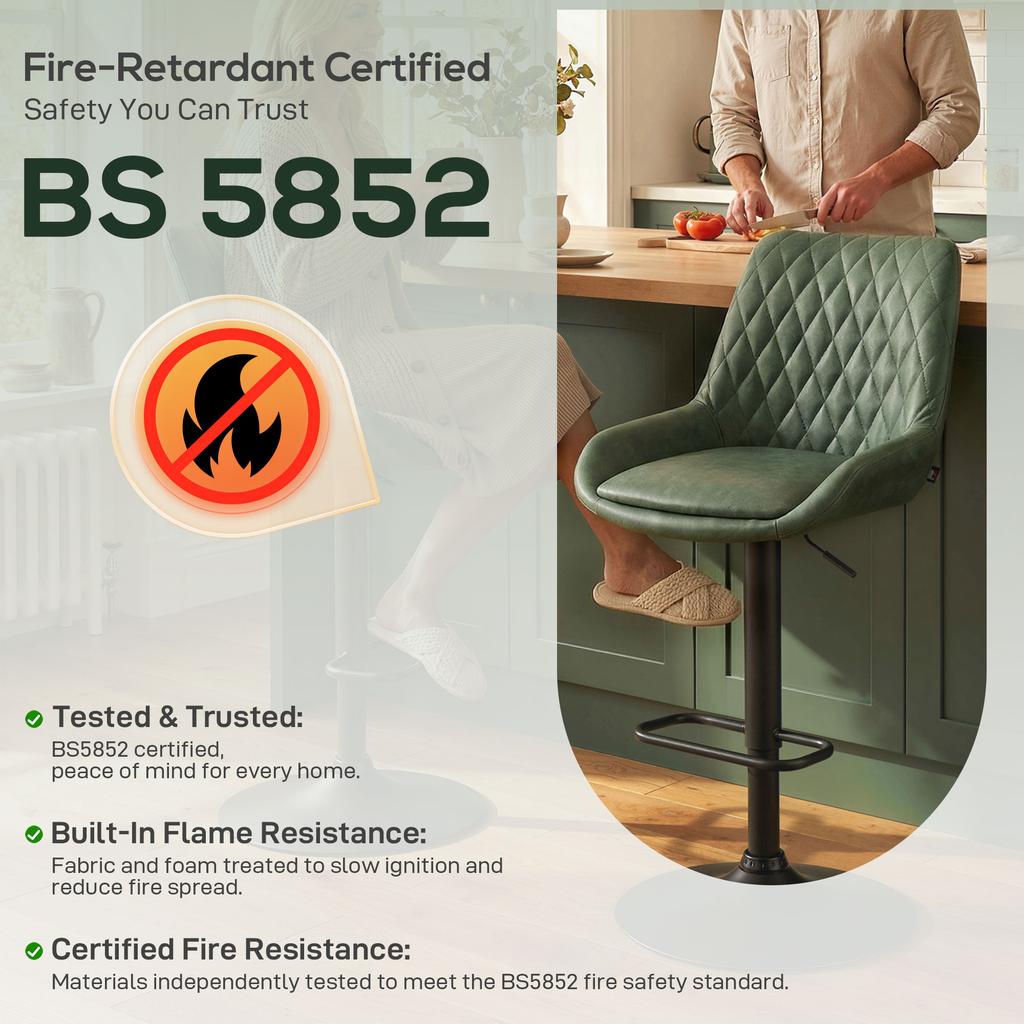 Retro Bar Stools Set of 2, Adjustable Kitchen Stool, Upholstered Bar Chairs with Back, Swivel Seat, Green