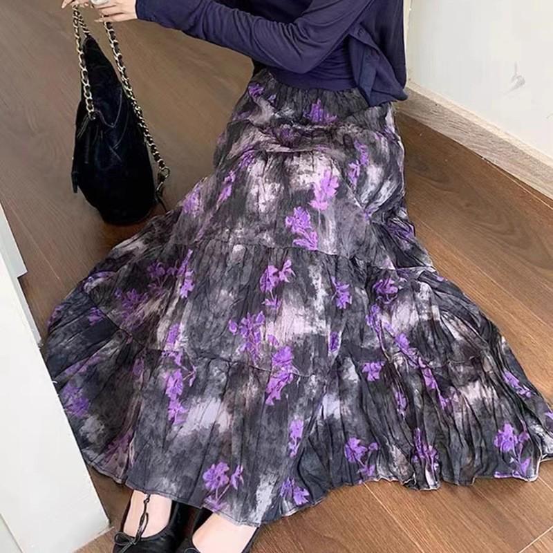 

2024 Французская ретро-цветочная плиссированная макси-шифоновая юбка с высокой талией One Size