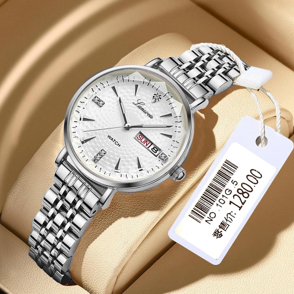 Swiss English-Chinese Women's Watch: Fashionable Butterfly Buckle, Luminous, Waterproof, Stainless Steel Band, Calendar Feature.