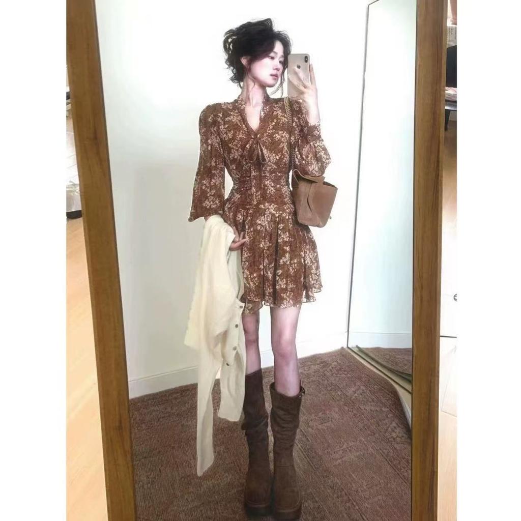 Coffee break French temperament old money wind floral dress children's summer new long-sleeved chiffon waist skirt
