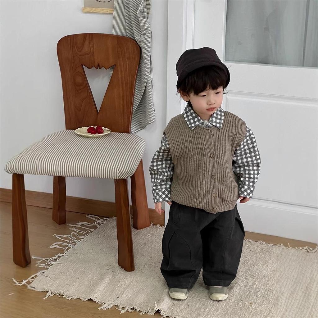 2025 New Korean Style Baby Boy Plaid Shirt & Pants Set with Sweater Vest