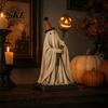 Textured Resin Halloween Statue Vintage Ghost Figurine with Glowing Pumpkin Scepter, Ornament Striped Hat LED Light, Lighted Decoration for