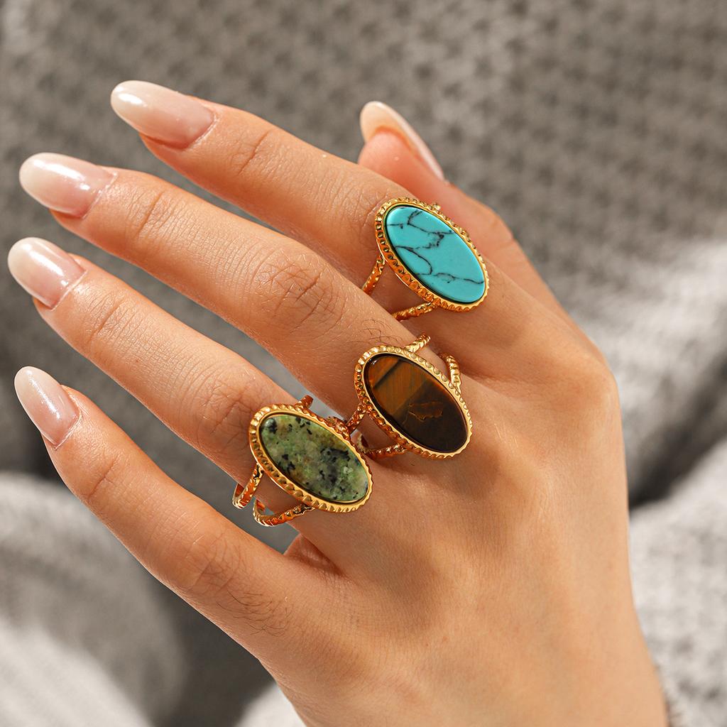 Französischer Retro Edelstahl Schmuck mit eingelegtem Türkis Afrikanischem Türkis Tigerauge Ring für Damen