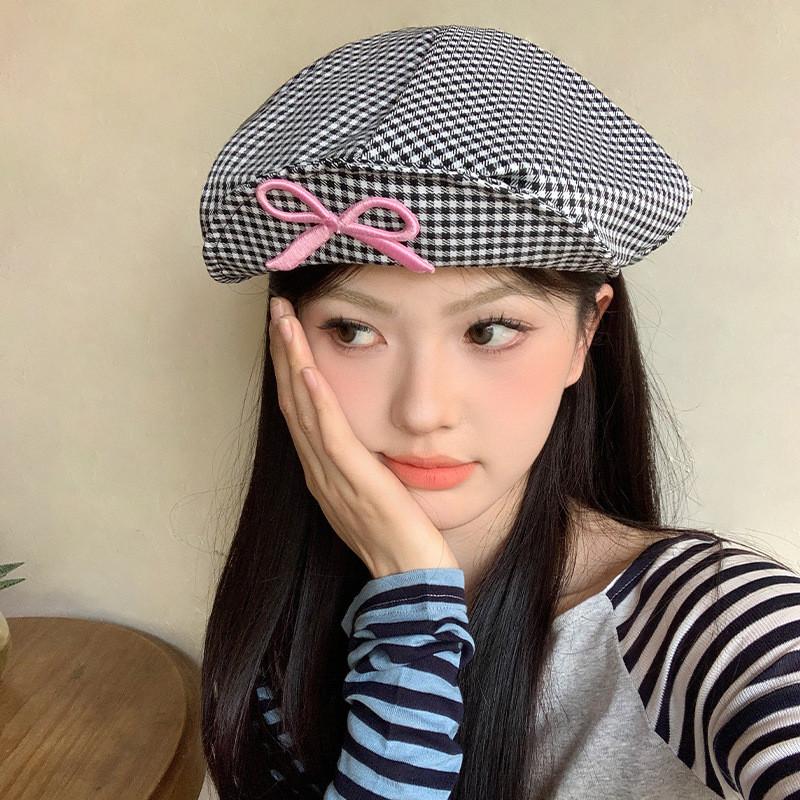 Elegant Korean Style Plaid Bowknot Cloud Beret Hat For Women And Men Spring Fashion