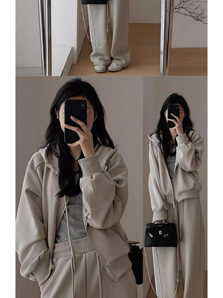 Plus Size Women's Autumn Street Style Jacket & Sports Two-Piece Set - Slimming & Fashionable