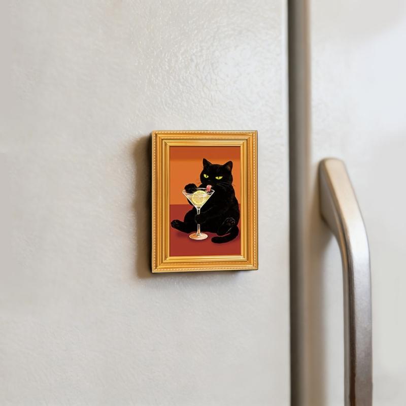 Set of 6 Cute Cats Design Art Print Wooden Frame Magnetic Sticekr for Refrigerator Decors Famous Painting Fridge Magnets