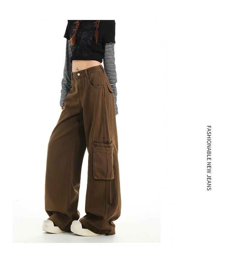Women's Army Green Loose Cargo Jeans - Spring Style, Slim Fit, Wide Leg, Large Pockets