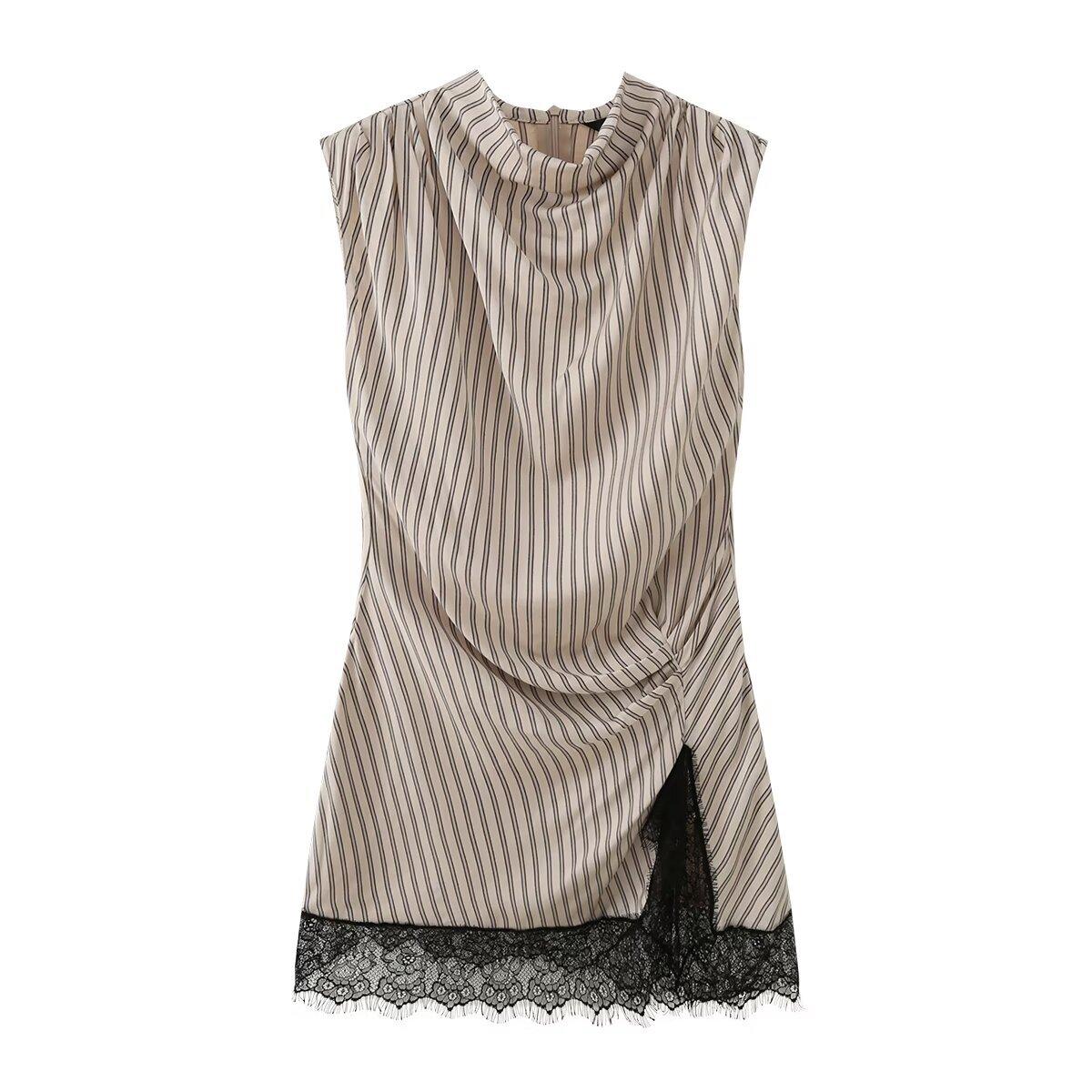 European and American style, new women s clothing, foreign style sleeveless stand-up collar striped lace decorative mini dress XS