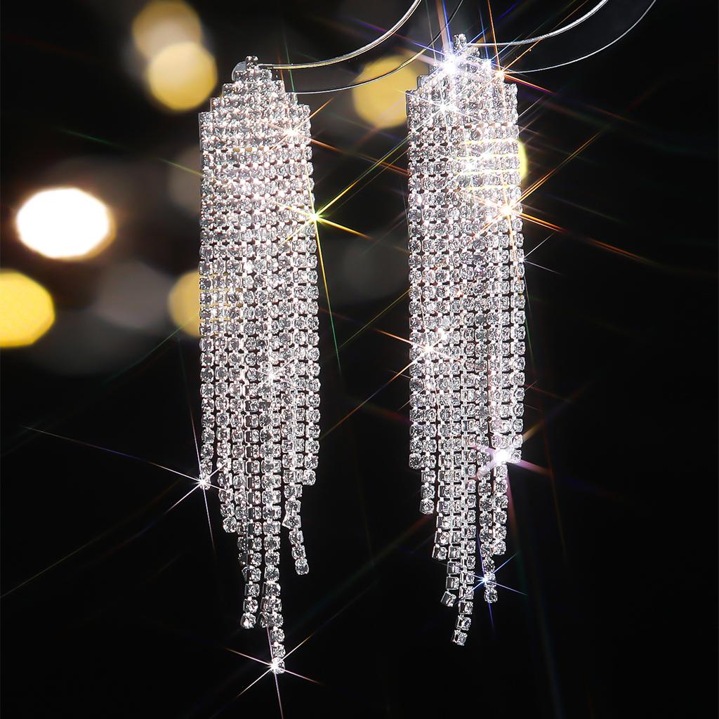 Fashion super flash rhinestone long fringed earrings