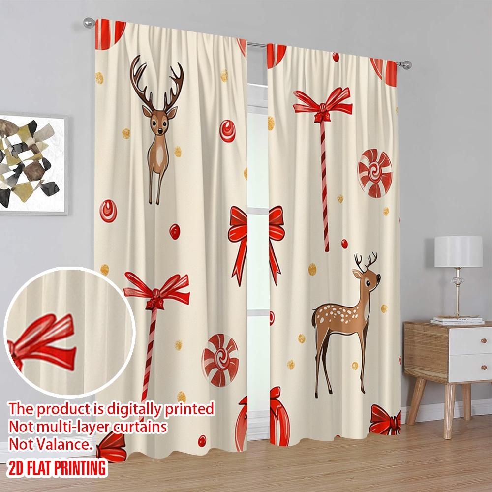 2pcs,2D Plane Printing Popular Curtains Christmas Bows Reindeer Candies Baubles (4) Polyester Woven (without Rod) Holiday