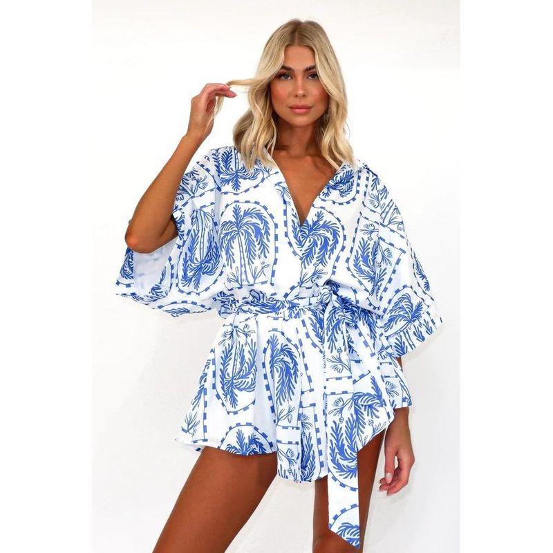 

2025 European and American Summer New Women Waist Hugging Lace-up Print Sexy Jumpsuit Light Blue L