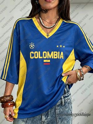 Colombia Brasilien Portugal 3D-tryckt Tröja Sommar Utomhussporter Andningsbara Fotbollströjor Överdimensionerade Unisex Vardagliga V-ringade T-shirts