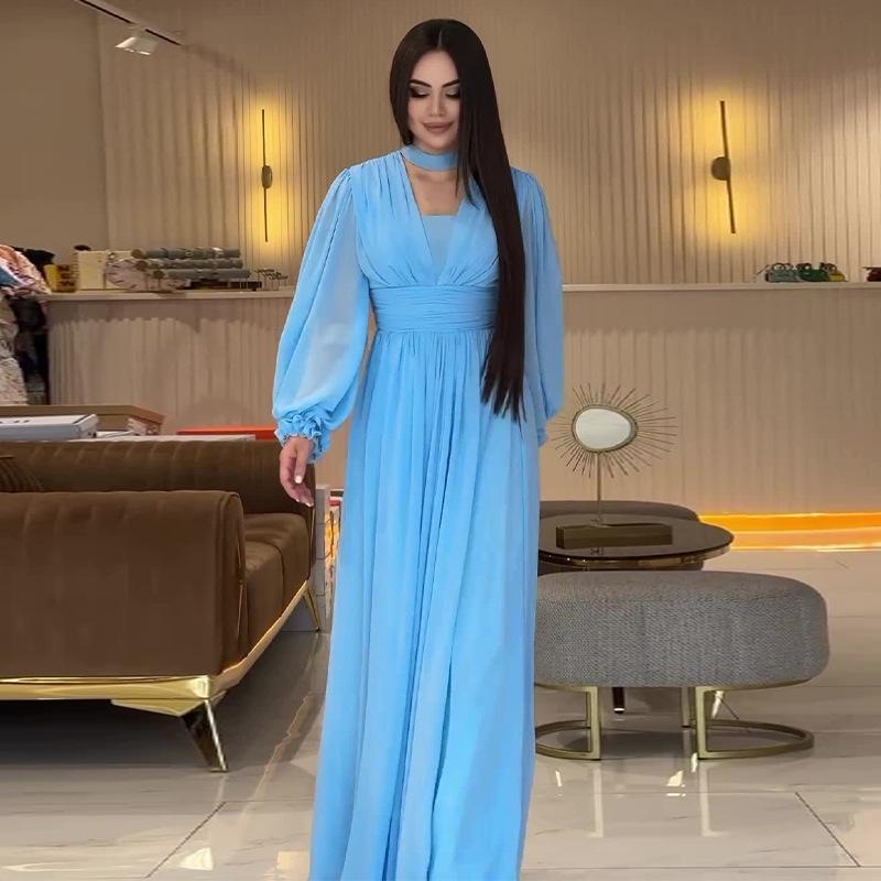 2024 Autumn Elegant V-Neck High Waist Lantern Sleeve Women's Long Dress In Solid Color.