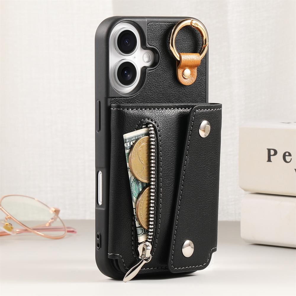 Premium Business Foldable Wallet Case with Ring & Shockproof PU Leather Phone Cover with Card Slots, Zippered Coin Pocket & Stand for iPhone/Samsung