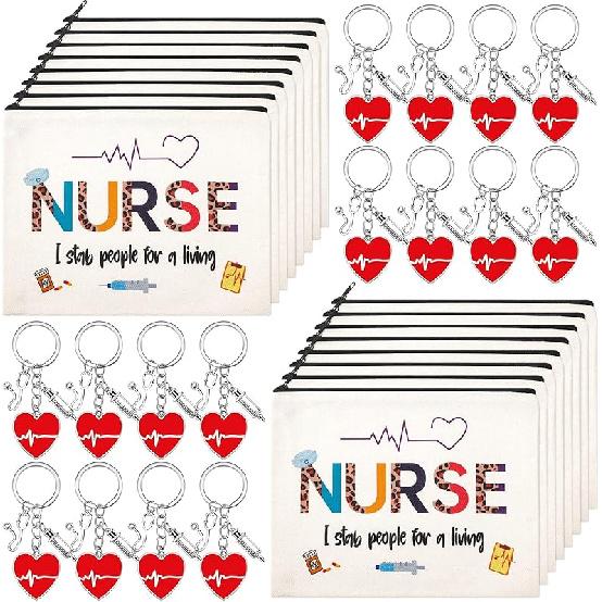 Cunno 32 Pcs Nurse Christmas Appreciation Gift Set Includes 16 Pcs Nurse Makeup Bags 16 Pcs Nurse Keychain Nursing Cosmetic Bag Nurse Appreciation Funny Style