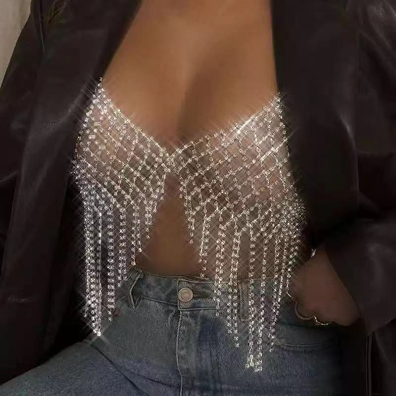 Luxury Rhinestone Bra Body Chain Sexy Nightclub Bikini Ultra Glitter Tassel Crystal Bralette for Women