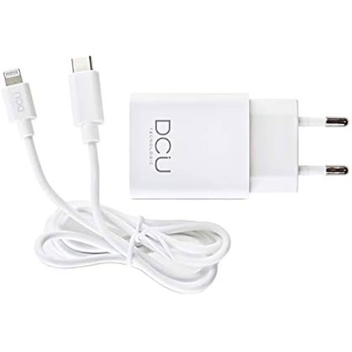 Chargeur USB-C - DCU TECNOLOGIC - Type C PD 18W - Compatible Lightning - 1m - Protection Surintensité