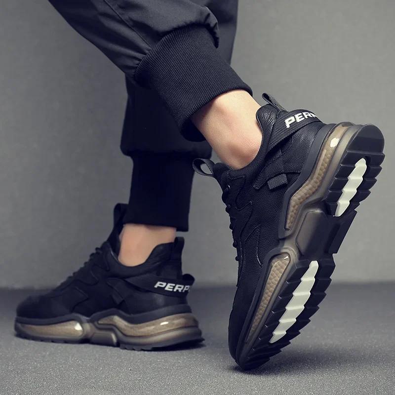 New Shoes for Men Genuine Leather Casual Sport Shoes Youth Autumn Cool Comfortable Sole Black Leather Sneakers