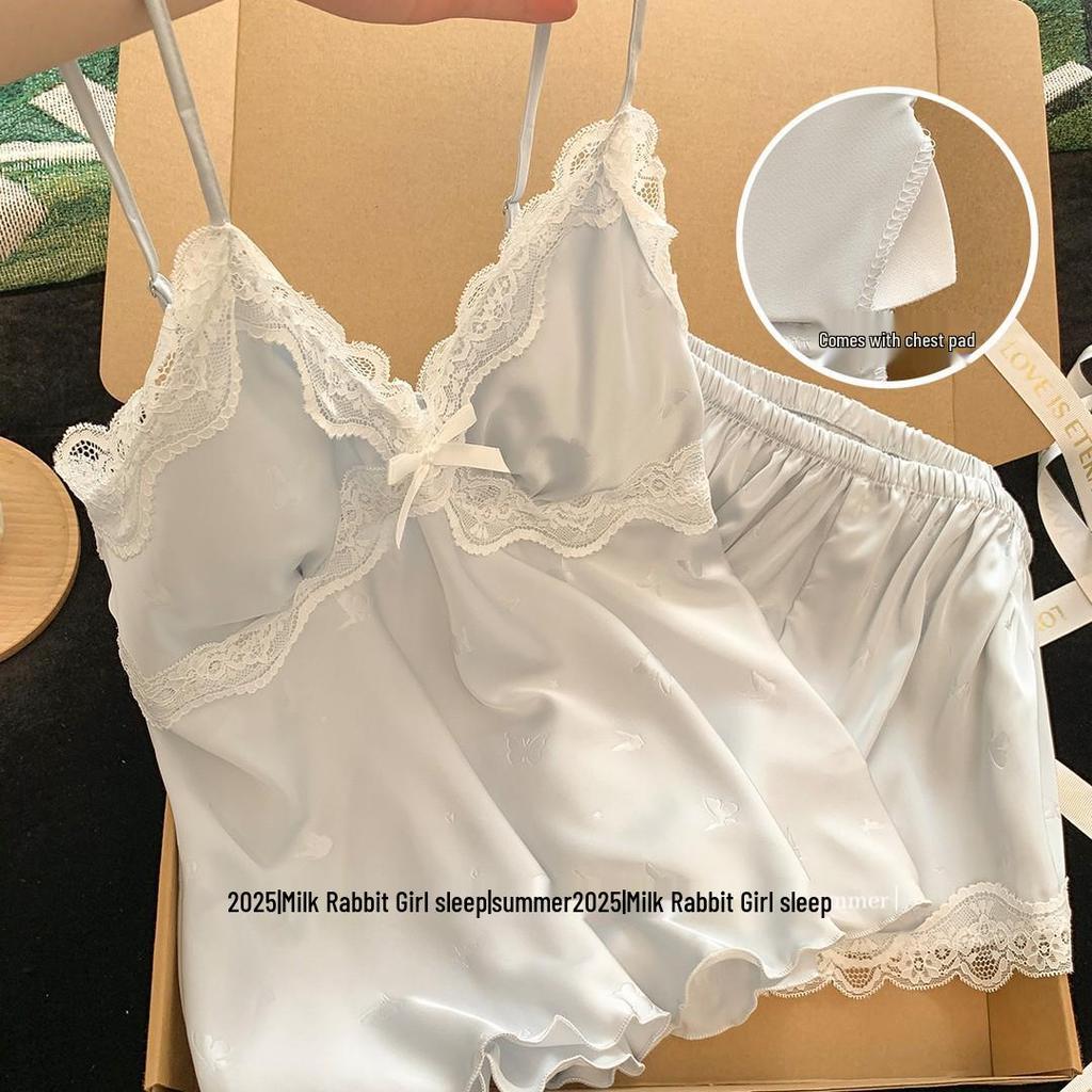 Women's Ice Silk Camisole and Shorts Set - Sexy Lace Pajamas for Summer, Spring, and Autumn