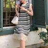 Striped Knitted Sweater Sleeveless Long Skirt Summer Vest Lazy Style Bottoming Up with Suspender Tassel Dress