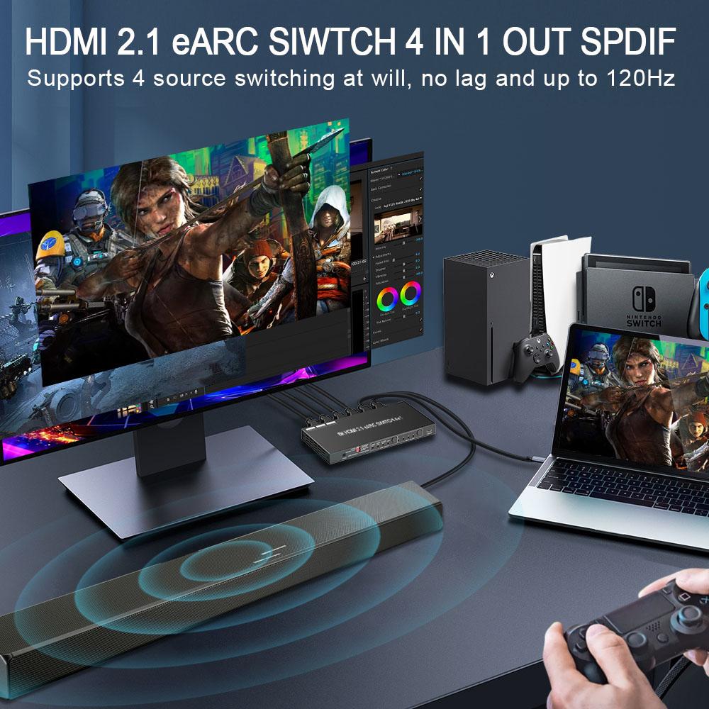 4K120Hz HDMI 2.1 Switch 4x1 EARC Audio Extractor HDCP2.3 ARC HDR10 CEC SPDIF Optical and 3.5mm Audio Out