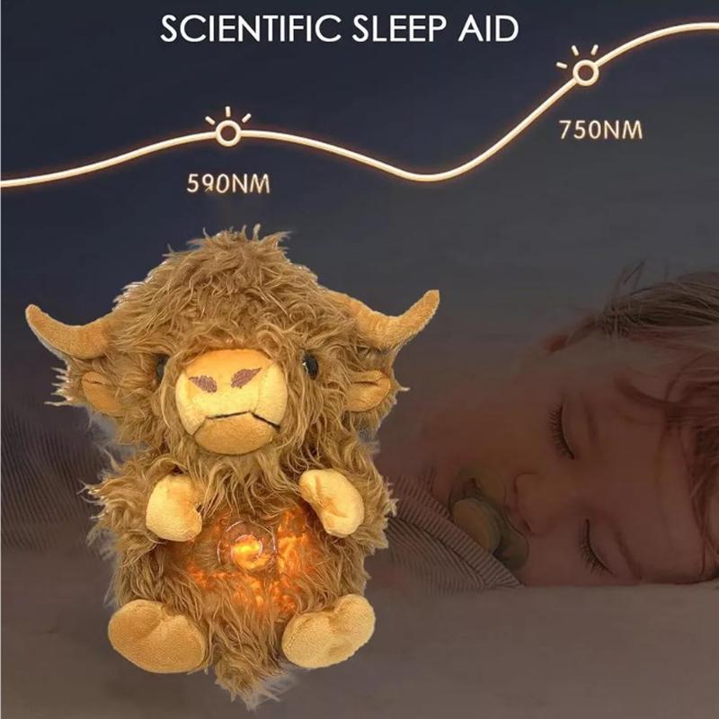 Highland Cow Ease Anxiety Sleep Aid Stuffed Toy Musical Light Rhythmic Breathing