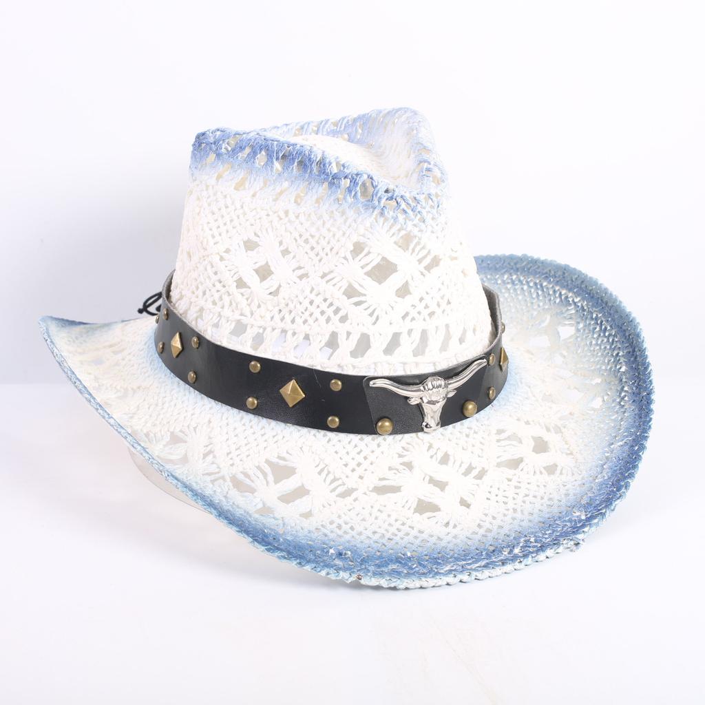 Popular European and American Fashion Hollow Woven Hat Straw Hat Men's and Women's Classic Outdoor Western Denim Straw Hat