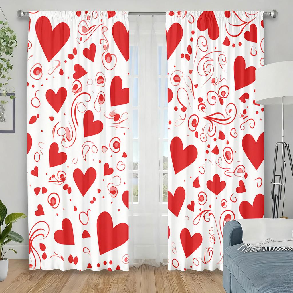 2pcs Red and White Heart-shaped Patterned Curtains   Classic Romantic Bedroom and Living Room   with Decorative Drawbar Pockets