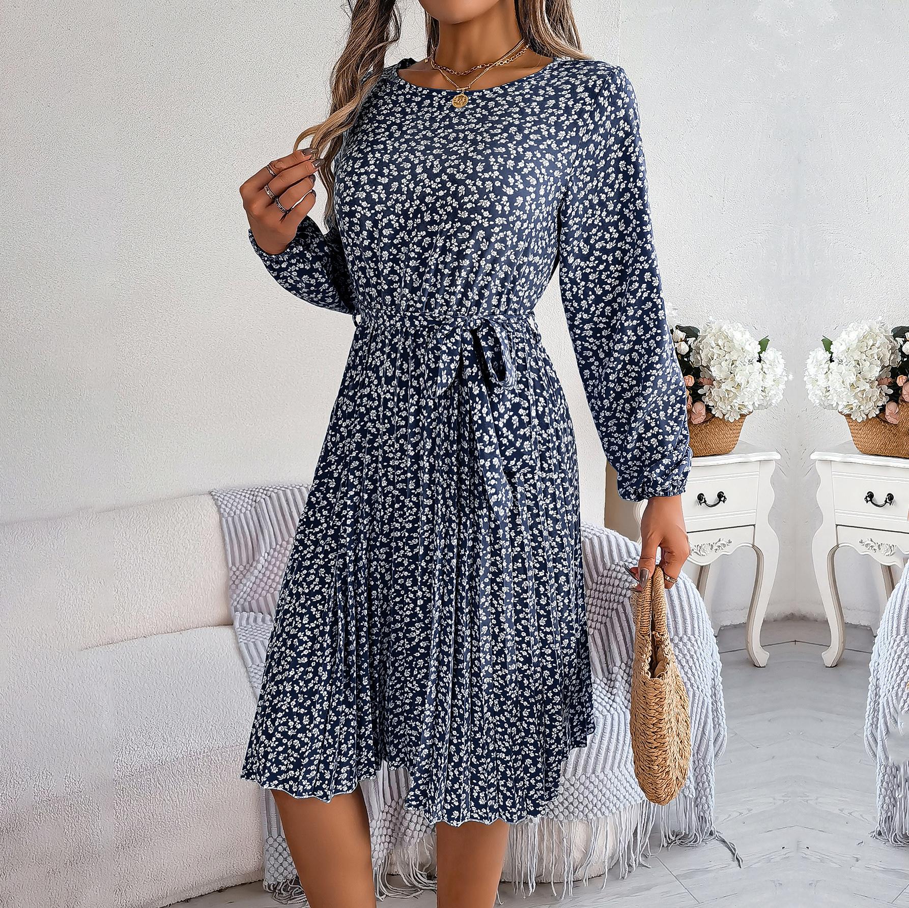 

Весенне-летнее женское длинное платье с длинным рукавом и круглым вырезом с цветочным принтом и высокой талией M