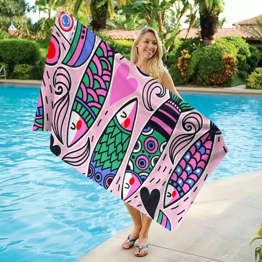 1Pc Pink Cartoon Art Fish Beach Towel Large Towel Super Absorbent Suitable For Beach Vacation Pool Summer Gift For Friends