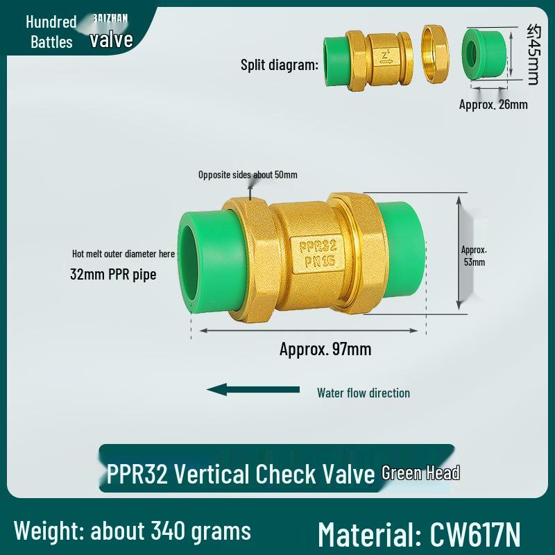 6/4 PPR Hot Melt Full Copper Check Valve, Horizontal/Vertical, 1-Inch Double Union, One-Way Tap Water Pipe Valve.
